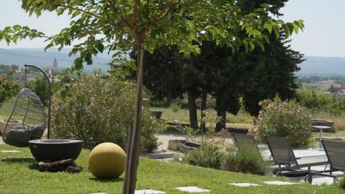 un arbre avec une grosse boule jaune dans l'herbe dans l'établissement Domaine du Piol - Luberon - Piscine privée - Clim - Beach Volley, à Mazan