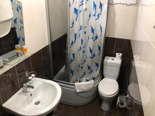 a bathroom with a toilet and a sink and a shower at Hotel Lileo in Mestia