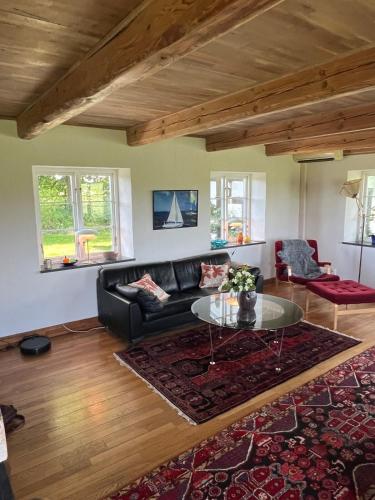 a living room with a couch and a table at Half-timbered house in Österlen in Sjöbo