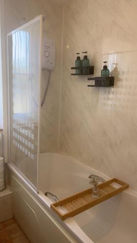 a bathroom with a bath tub with a sink at Mountain View, Brecon Beacons in Trefeinon Station