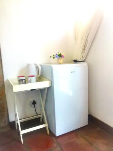 a small white refrigerator next to a small table at Soli Deo Gloria in McGregor