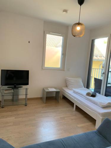 a living room with a couch and a tv at Forchheim City-Zentral-Balkon in Forchheim