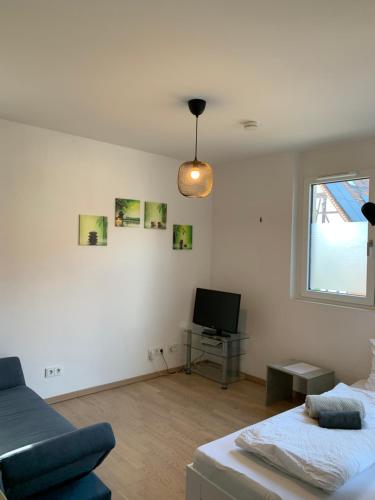 a living room with a couch and a television at Forchheim City-Zentral-Balkon in Forchheim