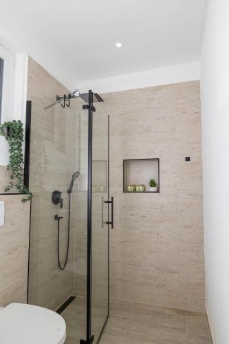 a shower with a glass door in a bathroom at Apartmani Katarina in Pupnat