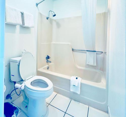 a white bathroom with a toilet and a shower at Shiloh Inn Lamesa in Lamesa