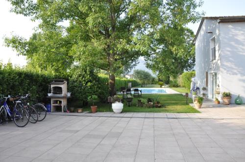 un patio con un árbol y una piscina en La Capannina, en Capannori