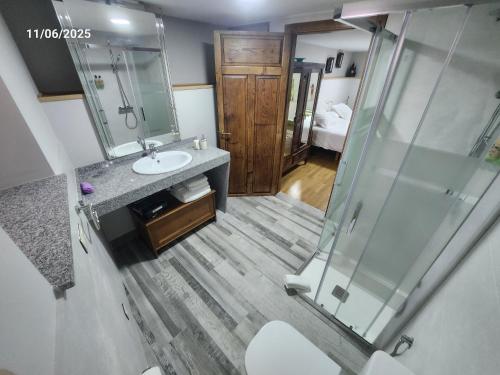 un bagno con lavandino e doccia in vetro di Habitaciones - La Pumarada de Limés II a Cangas del Narcea