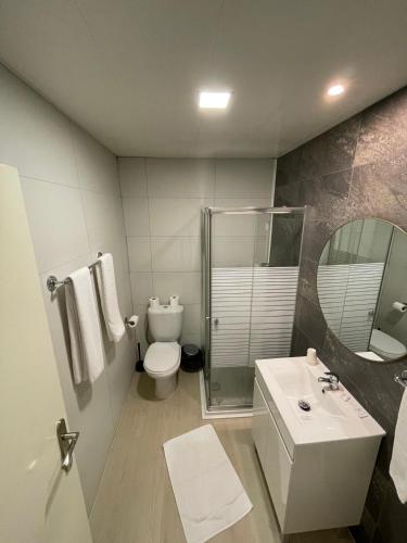 a bathroom with a toilet and a sink and a mirror at Residencial Dom Duarte in Viseu