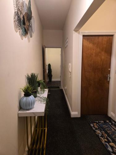 a hallway with a door and a table with plants at Glamorous and stylish in Wolverhampton