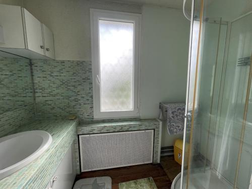 une salle de bain avec un lavabo et une fenêtre dans l'établissement Villa chanterelle, à Meschers-sur-Gironde