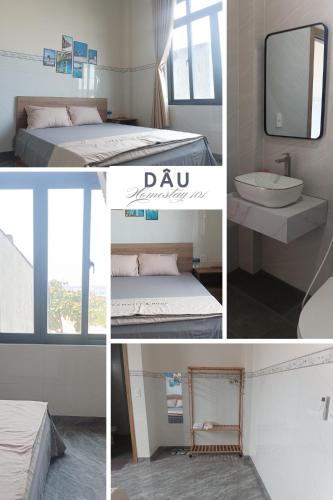 a collage of photos of a bedroom and a bathroom at Homestay Dâu in Îlot du Sud