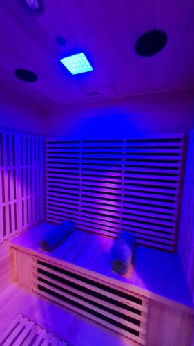 a room with purple lights on a couch at La Vallée Secrète - Love Hôtel 