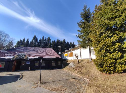 a house with a tiled roof in a yard at Sauna, Pools mit XXL-Terasse oder Kinderkino in Sankt Englmar