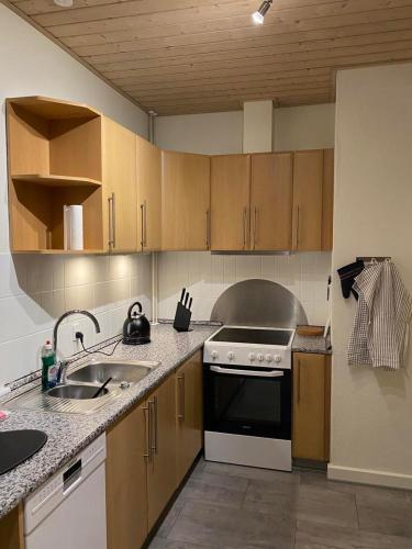 a kitchen with a sink and a stove top oven at Lejlighed - Frederikshavn in Frederikshavn