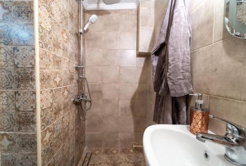 a bathroom with a sink and a shower at Paternal Shelter Alexander in Krousón