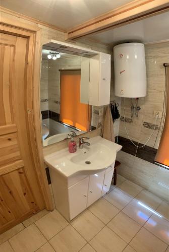 a bathroom with a sink and a mirror at 50m od Jeziora - Dom wakacyjny in Zawóz