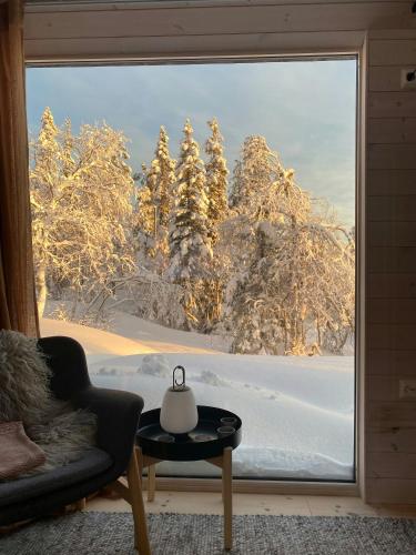 a room with a window with a view of snow covered trees at Mountain Cabin With Sauna At Blefjell in Lampeland