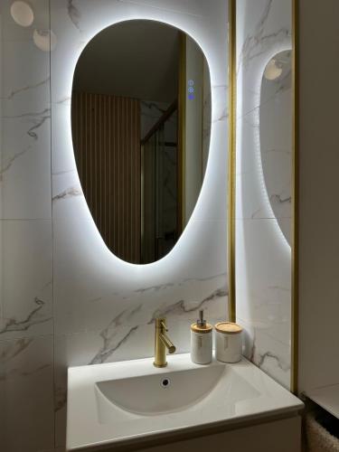 a bathroom with a sink and a mirror at Studio MBS 2- Cosy, Tramway, Wifi, Parking, Equipé in Montpellier