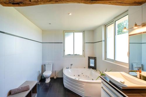 a bathroom with a large tub and a toilet at Chambre Balneo in Mauléon-dʼArmagnac