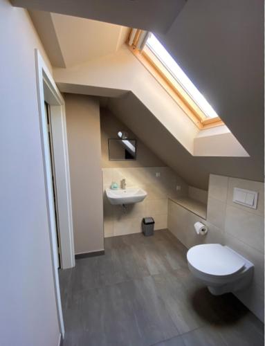 a bathroom with a toilet and a sink at Ferienwohnungen Lily, Bärwalder See, Ferienwohnung "SEE" in Klein Uhyst