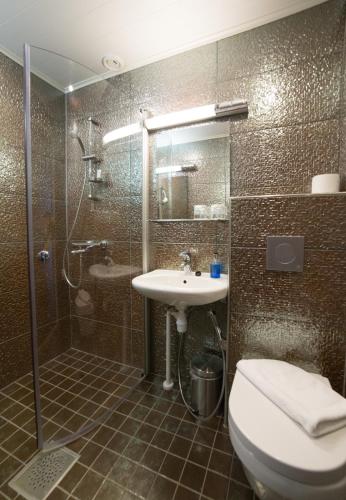 a bathroom with a toilet and a sink and a shower at Hotelli Olof in Tornio