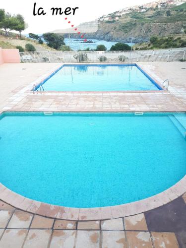 une grande piscine avec de l'eau bleue dans l'établissement Joli et Spacieux Appartement, à Cerbère