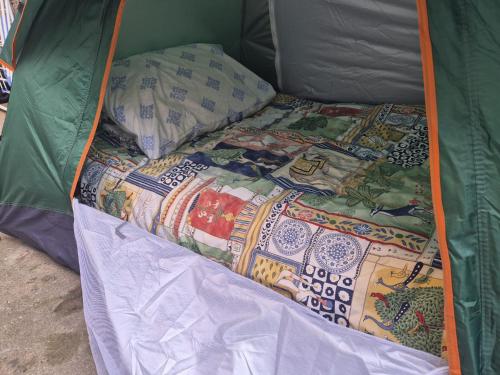 a bed in a green tent with a quilt on it at Phoenix Nights Guest House in Barrow in Furness