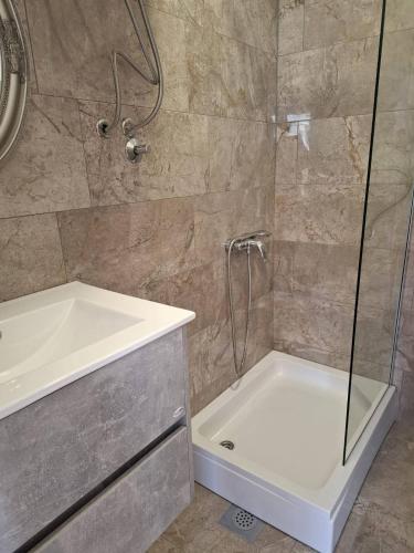a bathroom with a shower and a tub and a sink at Apartmani Urlic in Sreser