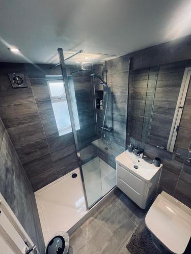 a bathroom with a shower and a toilet and a sink at Modern Oxford Retreat - Free parking in Oxford