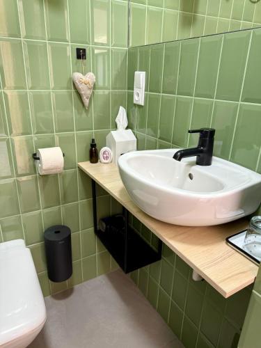 a green tiled bathroom with a sink and a toilet at Garsonka v srdci Vysočiny in Žďár nad Sázavou