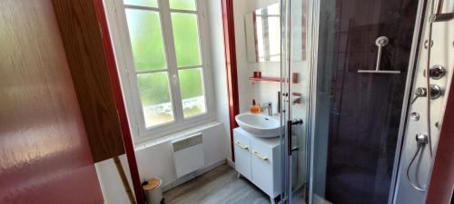 une petite salle de bain avec un lavabo et une fenêtre dans l'établissement Le Duplex Bordeaux, à Saint-Jean-dʼAngély