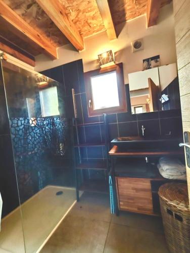 une salle de bain avec une douche en verre et un lavabo dans l'établissement La villa des 3 frontières, à Porté-Puymorens