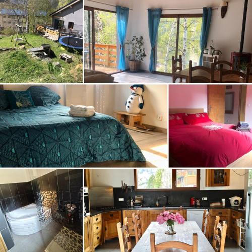 un collage de photos d'une chambre et d'une pièce dans l'établissement La villa des 3 frontières, à Porté-Puymorens