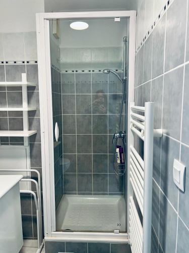 une douche avec une porte vitrée dans une salle de bain dans l'établissement La Major, Appartement urbain + Parking, à Marseille