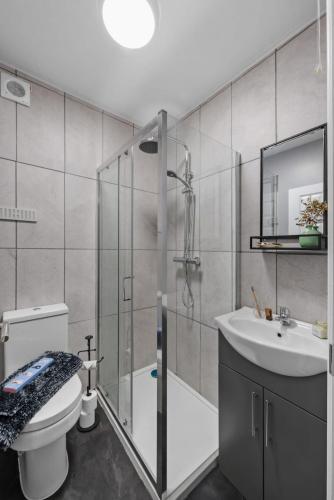 a bathroom with a shower and a toilet and a sink at 4BR Home Near Morriston, Swansea in Swansea
