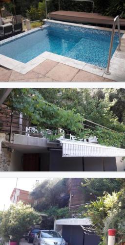 deux photos d'une piscine et d'une maison dans l'établissement Maison atypique avec Cascate Duplex plus Studio a 200 m Notre Dame Valcluse, à Auribeau-sur-Siagne