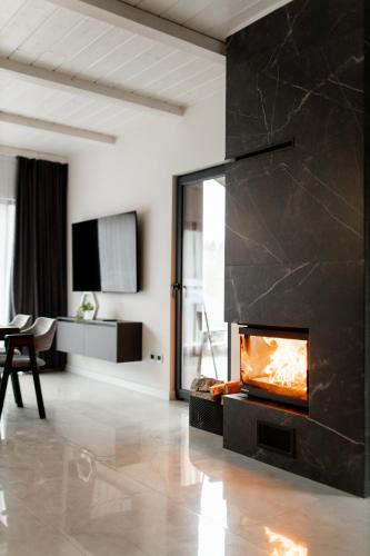 a living room with a fireplace and a tv at Краєвид in Slavske
