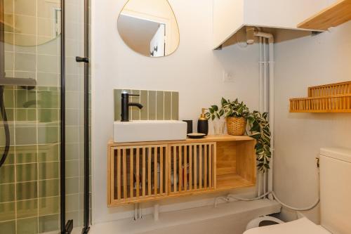 une salle de bain avec un lavabo et une douche dans l'établissement Le Petit Guéhenno - A quelques pas du centre-ville, à Rennes