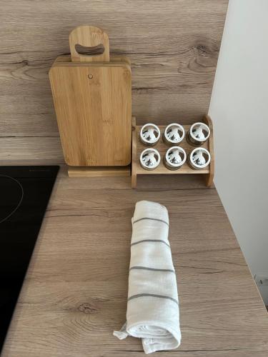 a towel on the floor next to a box of towels at Anita Apartment Breitenbrunn Chill And Relax in Breitenbrunn