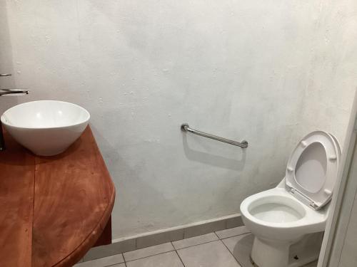 a bathroom with a white toilet and a sink at Vientos de magia in La Esperanza
