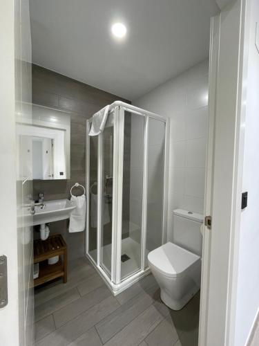 a bathroom with a shower and a toilet and a sink at Apartamento Rústico in Ochandiano