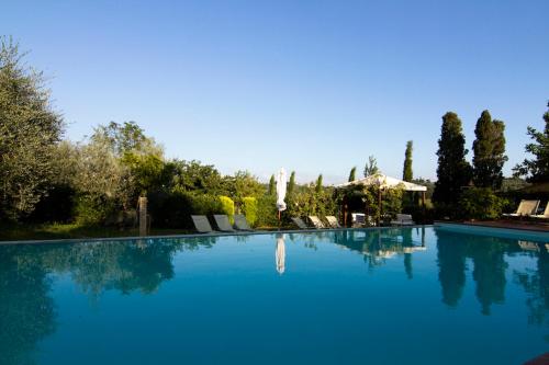 a large blue swimming pool with chairs and trees at Podere Villabassa in Montespertoli