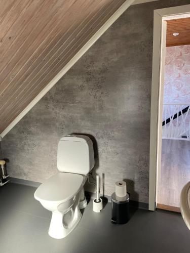 a bathroom with a white toilet and a sink at Hus på bondgård in Gunnarskog