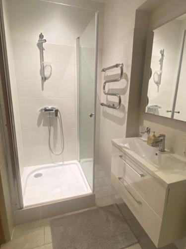a bathroom with a shower and a sink at Cosy 2-room apartment center Self check-in in Rīga