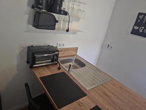 a kitchen with a sink and a microwave on a counter at Fischstübchen Neeberg Fewo 1 - Hase und Fuchs in Krummin