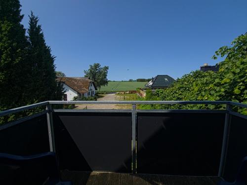 a view of a balcony with a fence and vines at Fischstübchen Neeberg Fewo 1 - Hase und Fuchs in Krummin