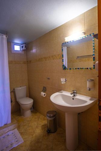a bathroom with a sink and a toilet and a mirror at Cavo Gallo in Finikounta