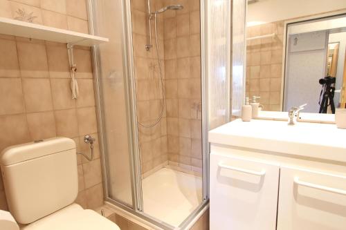 a bathroom with a shower and a toilet and a sink at MeeresZeit in Langeoog