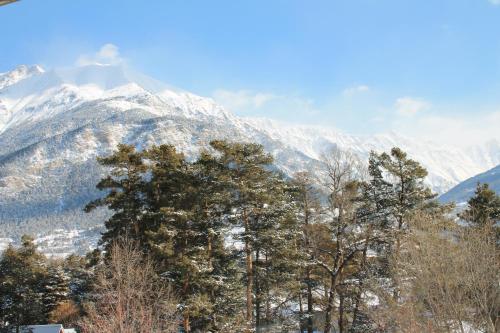 a snow covered mountain with trees in the foreground at Hôtel Bel'Air in Jausiers