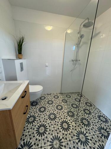 a bathroom with a shower and a toilet and a sink at KORALIA Domki Standard z basenem in Sarbinowo